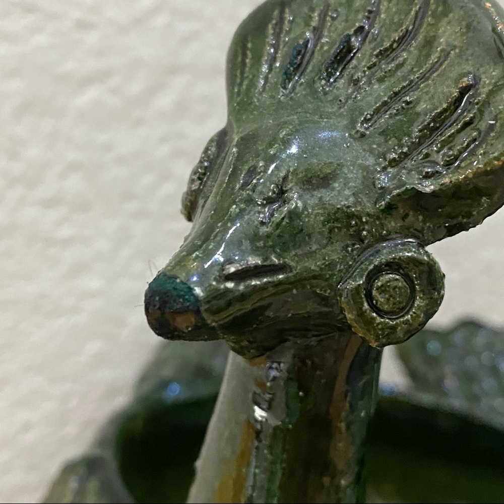 Unique Green Clay Pottery Animal Sculpture Peacock Footed Dish Planter Decor - Picture 15 of 15